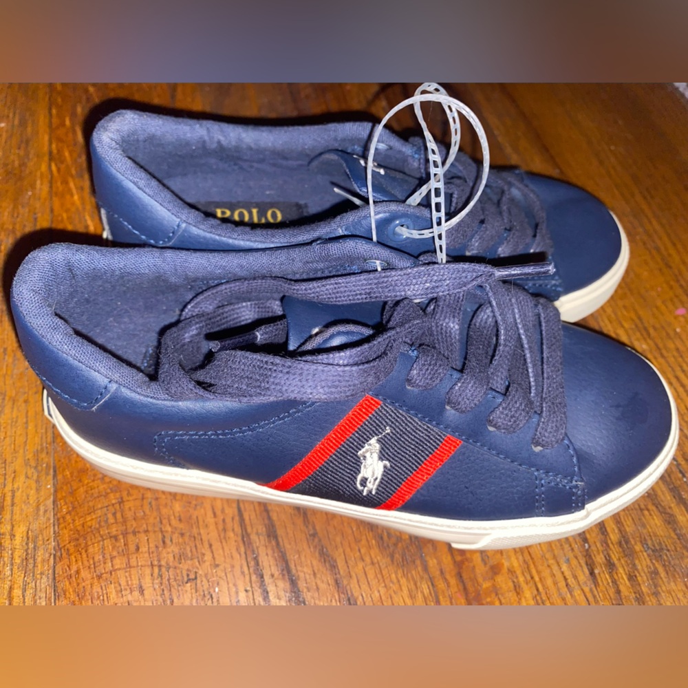 Polo Ralph Lauren Navy Sneakers with Red Stripes boys size 12 1/2-NEW - Picture 3 of 5